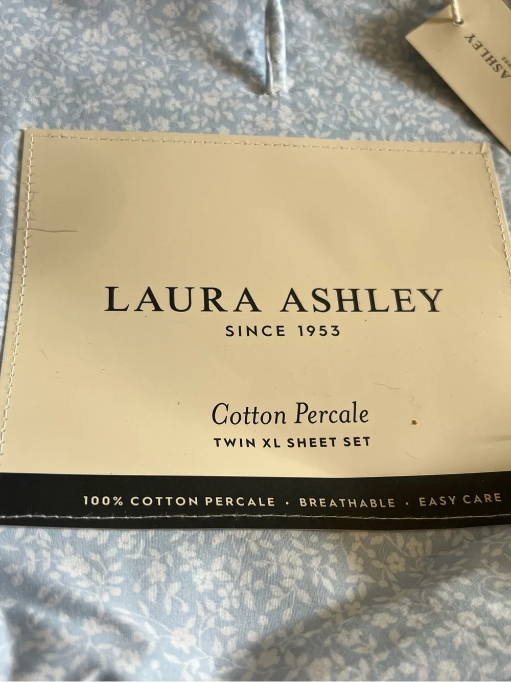 Laura Ashley Sky Blue Cotton Percale Twin XL Sheet Set with White Floral Print